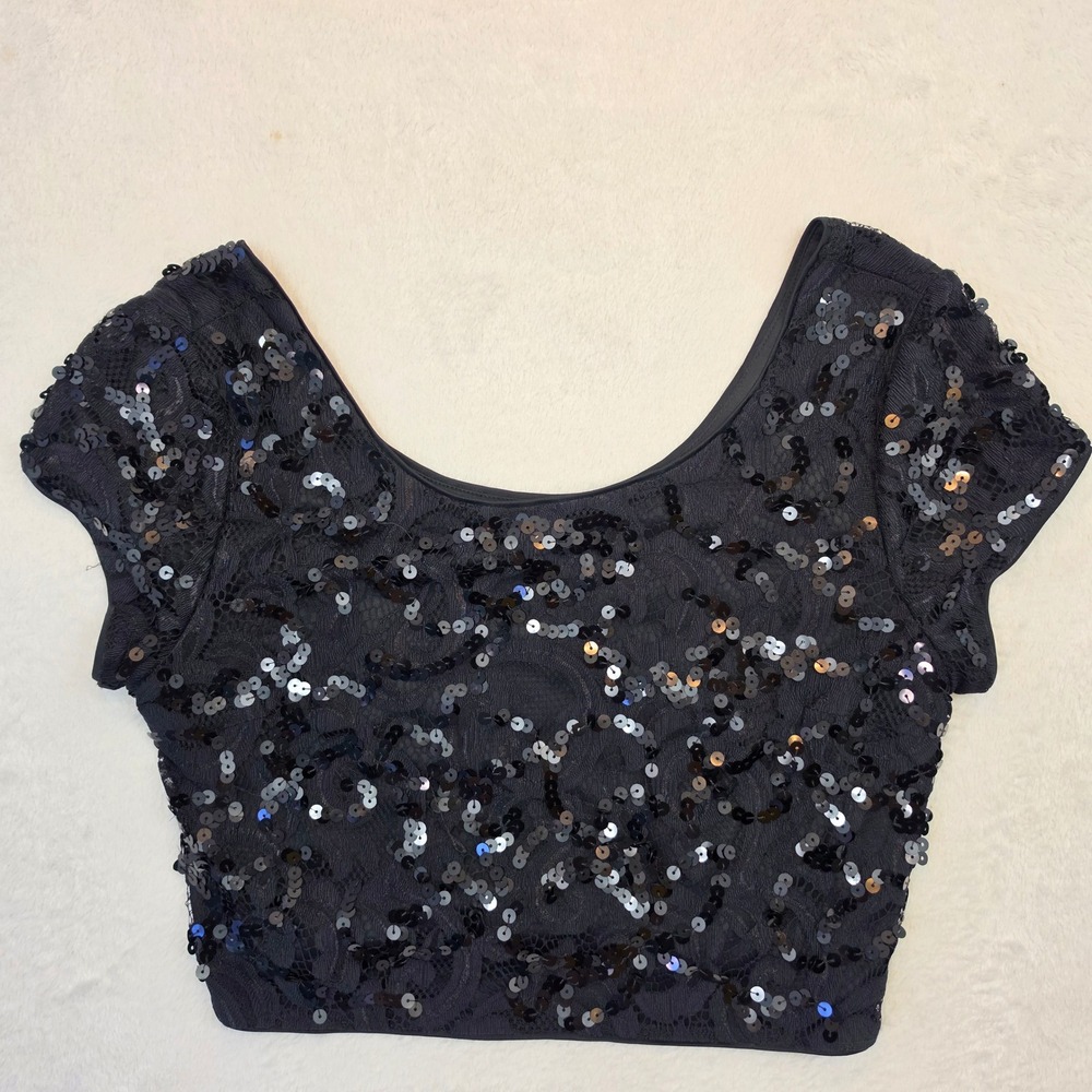Express Womens Black Sequin Lace Crop Top Scoop Neck Cap Sleeve Side Zip Small